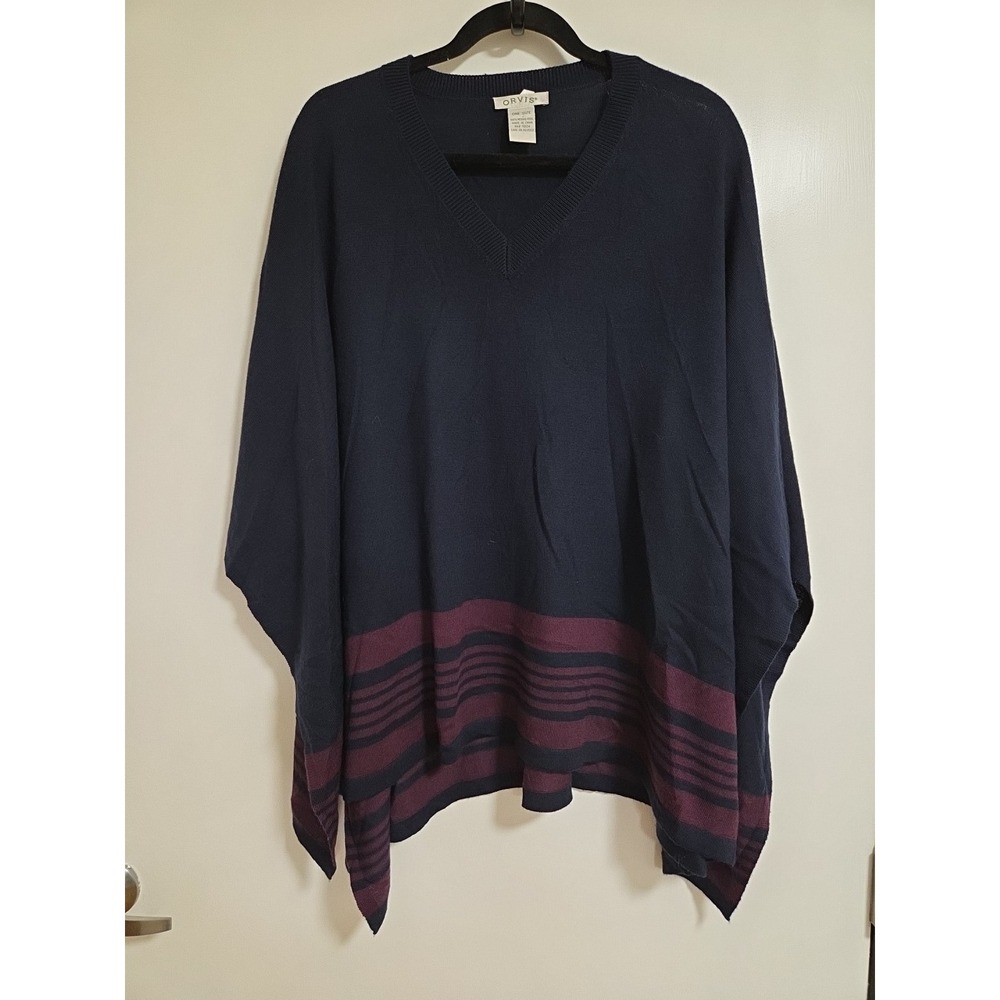 Orvis Womens 100% Merino Wool Navy Blue Burgundy Striped Ponco One Size Fits Mos